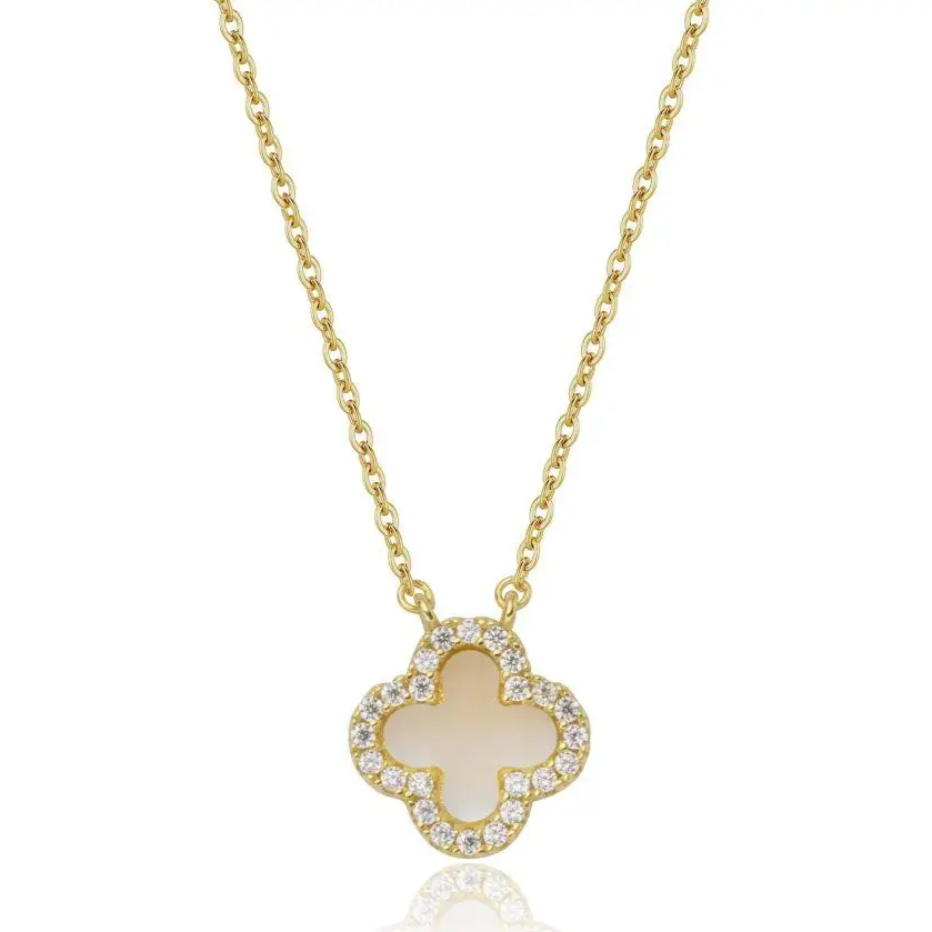 Gold necklace with a clover-shaped pendant on a white background